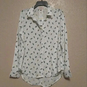 Per se Long Sleeve White/Green Cactus Shirt Size Medium NWT